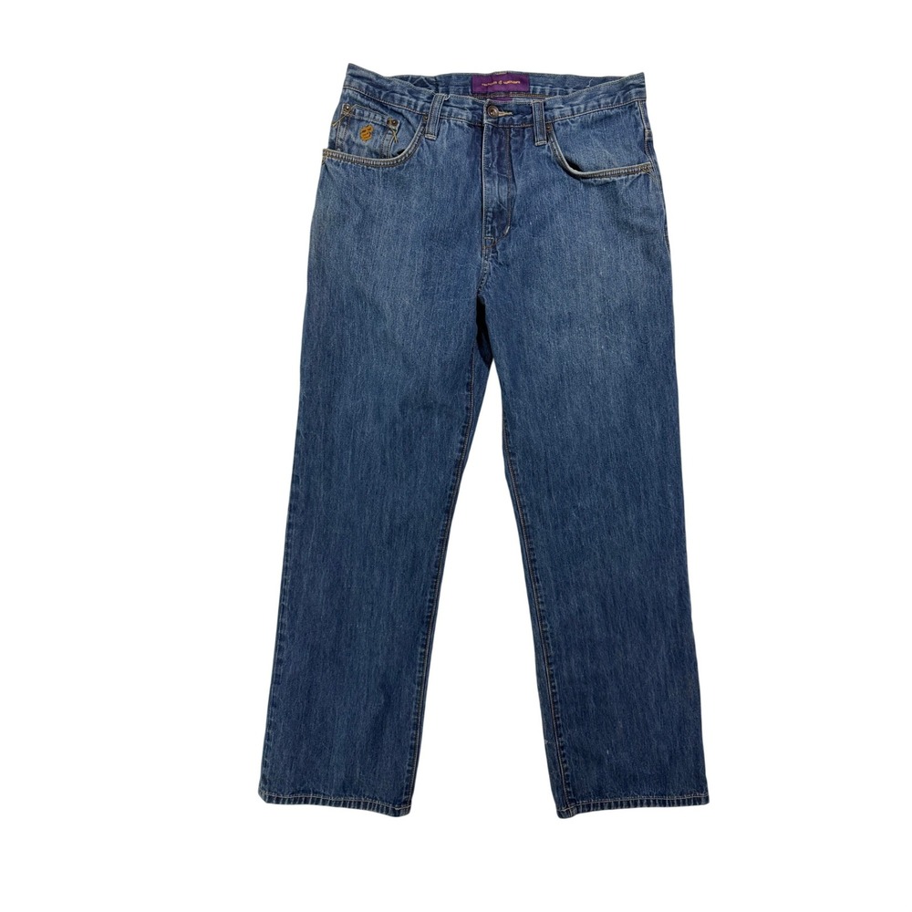 Rocawear Men's Straight Leg Embroidered Logo Jeans Size 34 Blue Denim
